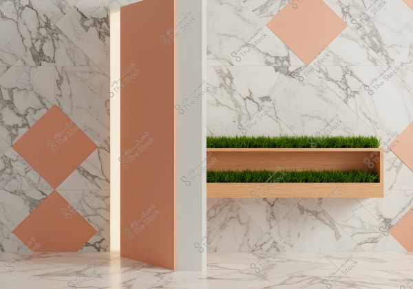 An interior wall covered with white marble tiles featuring gray veining and peach-colored diamond patterns. To the left, a light peach-colored wooden door is visible, and on the right, a horizontal wooden shelf holds green plants. The lighting is subtle, blending with the natural colors of the marble and wood.