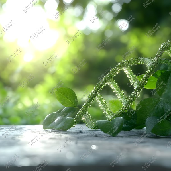 Image showing a DNA molecule crafted from green plant leaves, placed on a surface illuminated by morning sunlight. The background is blurred with green shades of plants and trees, adding a sense of nature and growth.