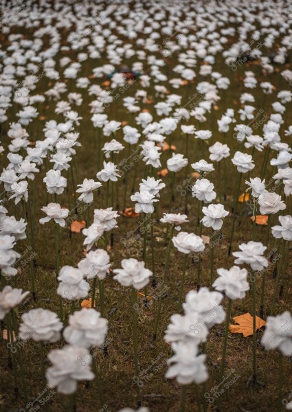 A field of white artificial flowers planted on green stems in a garden, with orange autumn leaves scattered among the flowers.