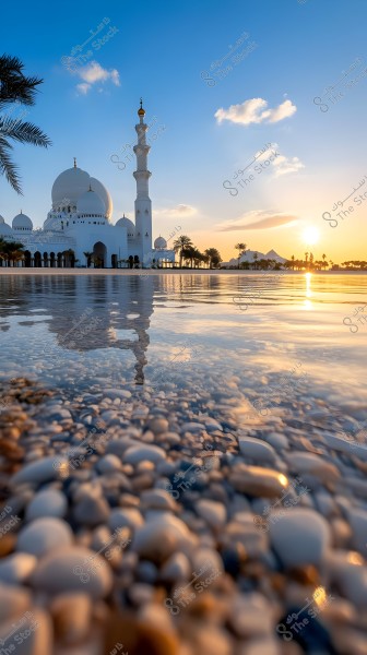 A large white mosque with domes and a minaret is beautifully captured at sunset. The mosque\'s reflection is visible in the calm water in the foreground with pebbles. Palm trees are in the background and the sun is setting on the horizon, revealing a blue sky with light clouds.