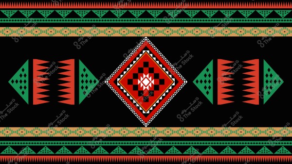 نمط تقليدي عربي بألوان زاهية, يتضمن أشكالًا هندسية متماثلة بألوان الأحمر والأخضر والأحمر, مع زخارف معقدة على خلفية سوداء. يوجد في الوسط شكل ماسي كبير بلون أحمر وأسود وبيج, محاط بعناصر زخرفية متناظرة بألوان متعددة.