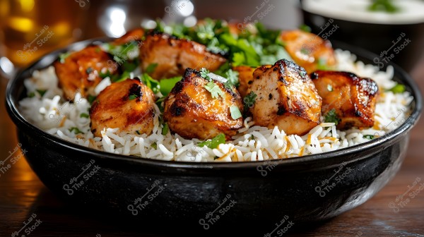 A dish featuring grilled chicken pieces placed on a bed of white rice, garnished with fresh cilantro leaves. The dish is served in a black bowl set on a wooden table.