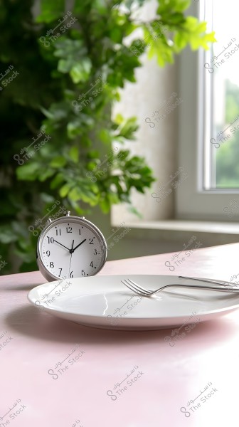 The image shows a small silver clock on a table next to a white plate with a fork and knife. In the background, there are green plants and a window in the room.