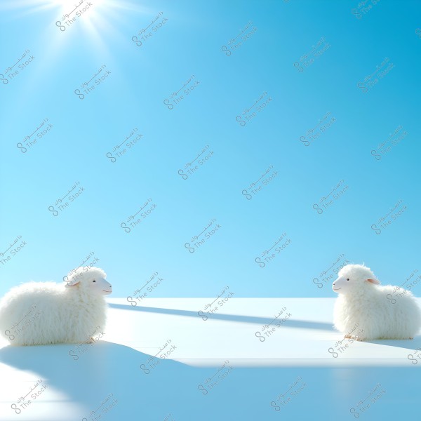 Two small lambs with white wool standing on a light blue flat surface against a clear blue sky with a bright sun at the top. Shadows cast downward from the lambs.