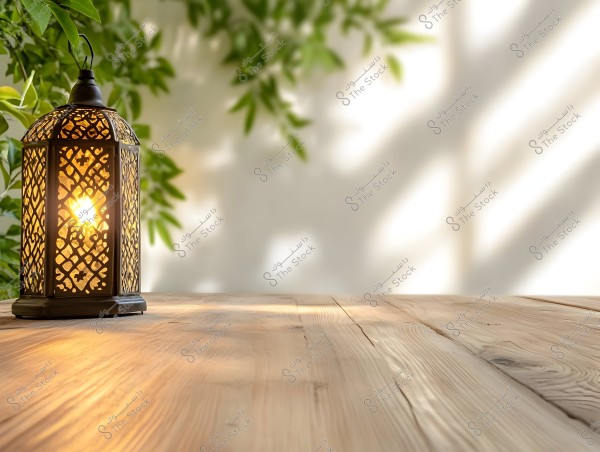 A decorative lantern lit with a warm yellow glow placed on a wooden table. The lantern features an intricate traditional Arabic design. In the background, green foliage is visible with its shadows cast against the white wall as the light falls on it.