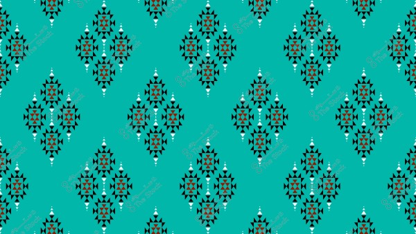 نمط هندسي على خلفية زرقاء فيروزية, يتكون من أشكال ماسية متكررة مصممة بمثلثات وأشكال هندسية باللون الأسود والأحمر والأبيض.