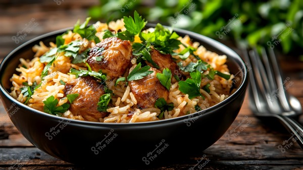A dish of cooked rice with pieces of grilled chicken garnished with fresh parsley leaves, placed in a black bowl on a wooden surface. In the background, there are blurred green plants and some metal forks and spoons.