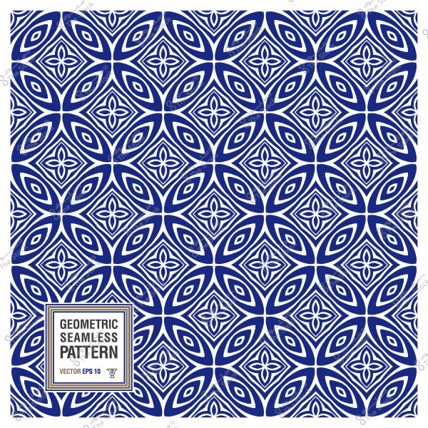 Blue and white geometric seamless pattern with elegant circular and star-like repeated designs.