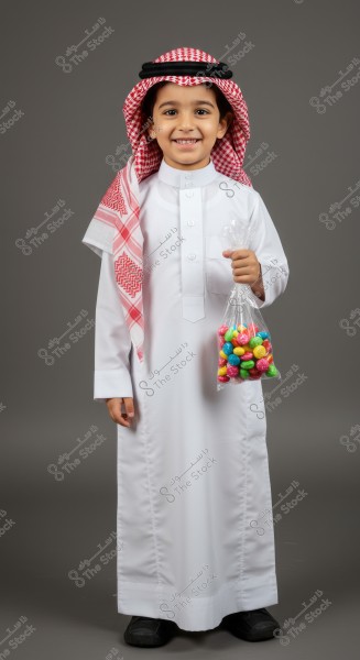 Image of a young smiling boy wearing a white thobe and a red and white ghutra, which is traditional attire from Saudi Arabia. The boy is holding a clear bag filled with colorful candies. The background is a neutral grey.