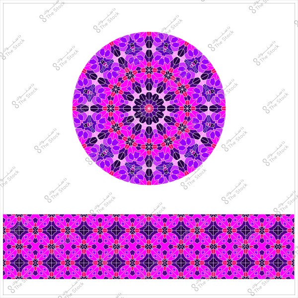 تصميم نمط هندسي دائري بألوان وردية وأرجوانية مع شريط متكرر بنفس النمط في الأسفل.