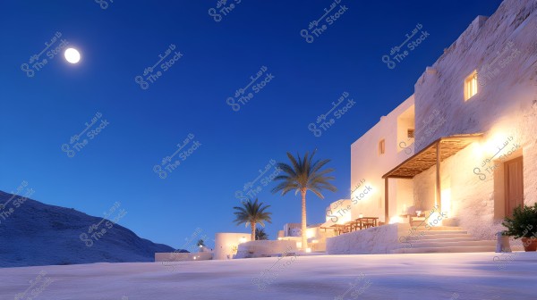 A nighttime landscape showing a traditional building illuminated by warm lights. The building is made of white brick with small wooden windows. Palm trees are situated beside it, and a wide open courtyard extends in front. The sky is clear with a full moon prominently visible above.