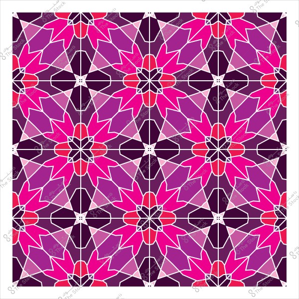 A symmetrical geometric pattern in pink and purple colors, featuring eight-pointed flower shapes arranged in a grid.