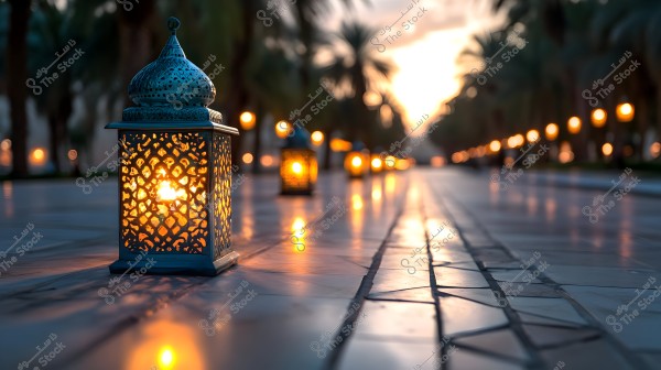 A decorative metal lantern lit up and placed on a shiny stone pavement in the evening. Other illuminated lanterns are visible in the background, lined along the path, with palm trees on both sides and a faint sunset horizon in the backdrop.