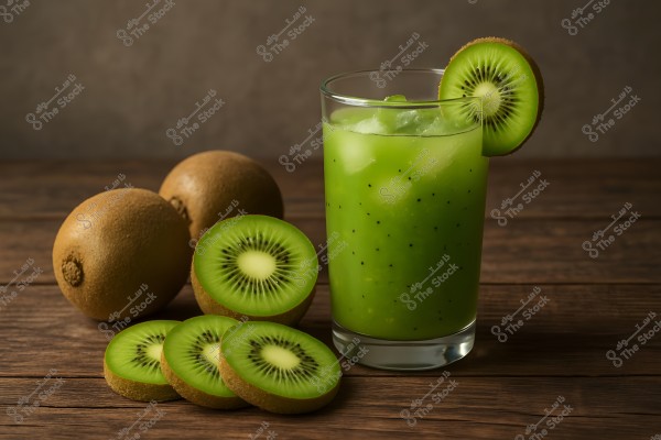 An image of a glass of iced green kiwi juice placed on a wooden surface. Slices of fresh kiwi are arranged beside the glass, along with whole kiwis in the background. The kiwi slices display a distinctive pattern with black seeds in the center and a light green color.