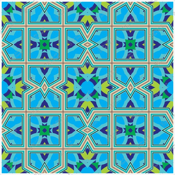 نمط هندسي إسلامي بألوان زرقاء وخضراء مربعة الشكل مع تفاصيل متكررة.