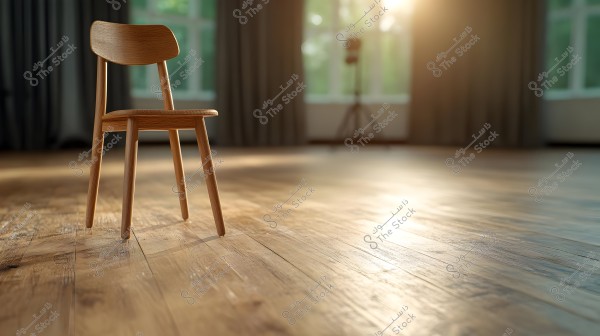 A simple wooden chair stands in the center of a room with a shiny wooden floor. The room is lit by natural sunlight coming through large windows covered with dark curtains. The background is slightly blurred, with a camera tripod visible in the corner of the room.