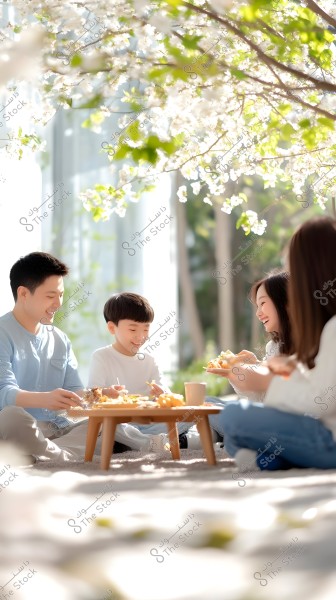 A family of four sitting on the floor on a sunny day, surrounded by blossoming tree branches. They are gathered around a small wooden table with food and appear cheerful. The two adults and children are dressed in casual clothing, and the setting appears to be indoors, beautifully lit with sunlight.
