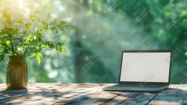 The image shows a laptop with a blank screen placed on a wooden table in a sunny outdoor setting. Next to the laptop, there is a glass jar containing a green plant with bright leaves. The background features blurry trees and sunlight filtering through the leaves.