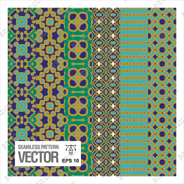 Geometric seamless pattern with blue, green, and gold colors featuring various designs.