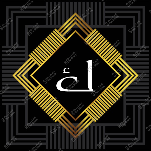 تصميم فني يحتوي على حرف "غ" باللغة العربية داخل إطار ذهبي هندسي على خلفية سوداء.