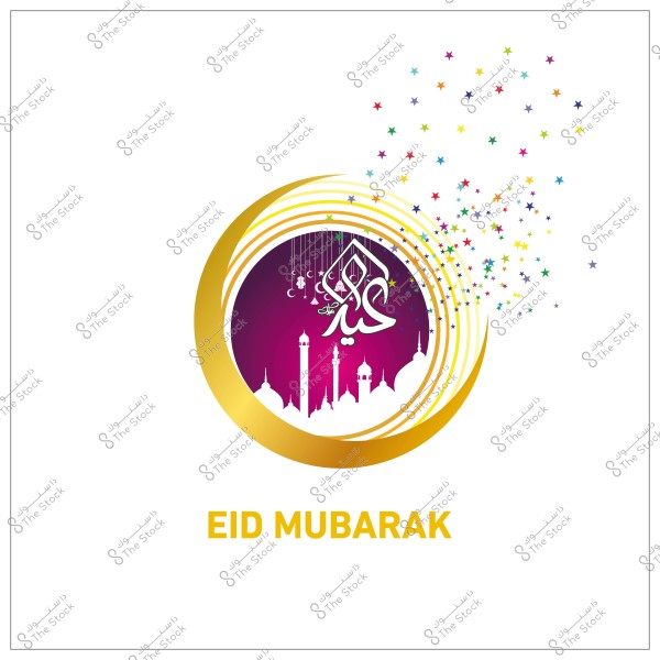 A greeting design featuring \"Eid Mubarak\" in Arabic and English, with a golden circular ornament, cityscape silhouettes on a purple background, and colorful sparkling dots.