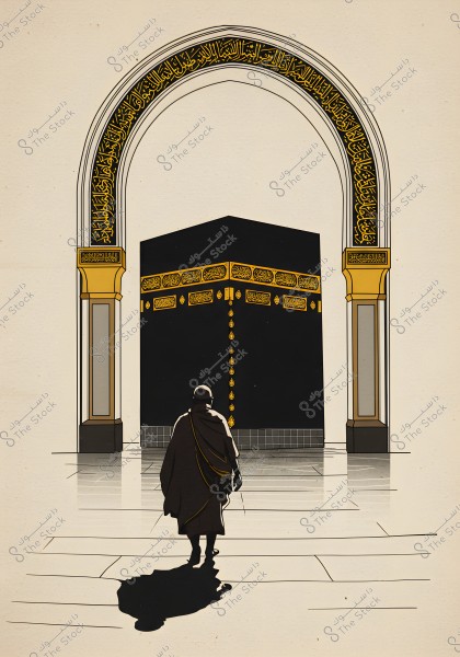 The image shows an illustration of the Kaaba, surrounded by golden Islamic inscriptions. A person dressed in Ihram stands in front of the Kaaba, symbolizing the spirituality of Hajj. The image uses soft colors and highlights Islamic details and traditional decorations.