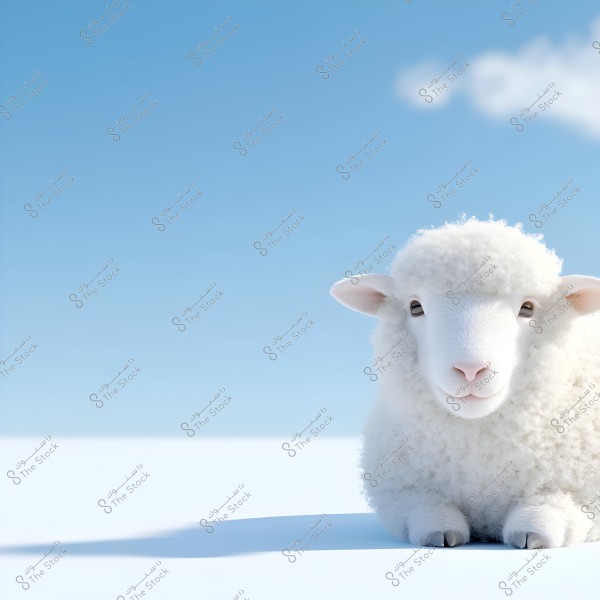 A picture of a white sheep with thick fleece, sitting on a white surface under a clear blue sky. The sheep looks directly into the camera, giving the image a gentle and friendly appearance.