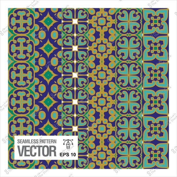نمط زخرفي عربي يتضمن تصميمات هندسية متكررة بألوان الأزرق والذهبي والأخضر.