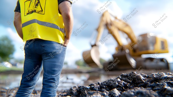 The image shows a person wearing a yellow reflective vest standing at a muddy construction site. In the background, there is a large excavator with a blue sky and light clouds. The person is wearing jeans and stands with hands in pockets, looking at the work site.