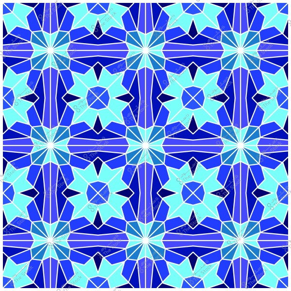 صورة لنمط هندسي إسلامي يتكون من أشكال نجمية وزخارف متعددة الأضلاع بألوان الأزرق الفاتح والداكن. النمط متكرر بشكل متماثل لخلق تأثير بصري جذاب ومعقد.

-
