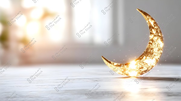 The image shows a crescent moon figurine made of a shiny gold material. The crescent is placed on a wooden surface illuminated by radiant light. The background is blurred and features shadows of plants and sunlight streaming through a window, adding a serene and bright ambiance.
