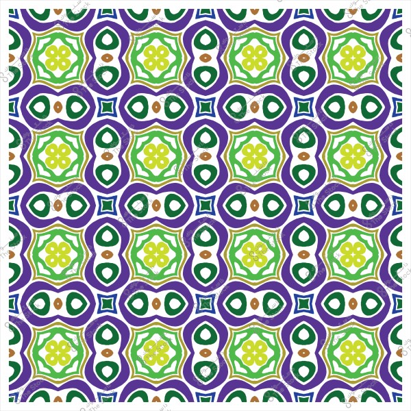 Decorative pattern with repeating geometric shapes in green, purple, and blue colors.