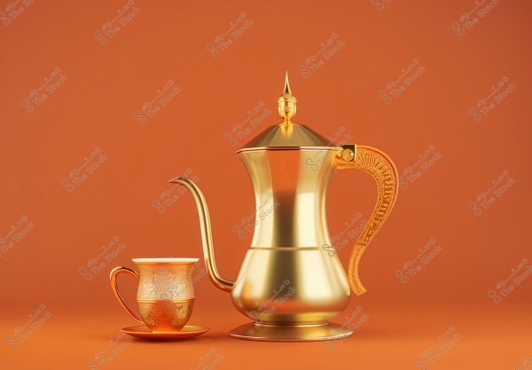 Image showing a traditional golden coffee pot with a curved spout and ornate handle next to a cup and saucer in golden tones with Eastern patterns. The uniform orange background adds a warm, cultural ambiance.