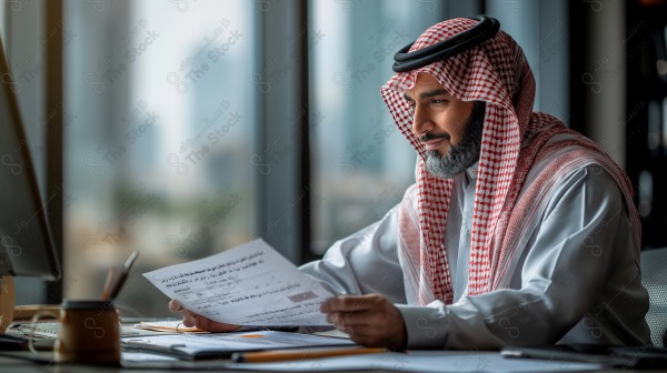 تُظهر الصورة، المصممة بالذكاء الاصطناعي، مستثمرًا سعوديًا سعيدًا في مكتب حديث، يقوم بمراجعة تقارير استثمارية بعناية، مما يعكس النجاح في عالم الأعمال.