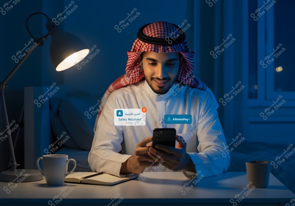 A man wearing a white thobe and a red checkered headscarf sits at a desk with side lamp lighting, holding a smartphone and smiling. Notifications on the screen indicate salary received using a banking app. On the desk, there is a cup, a pen, and a notebook.
