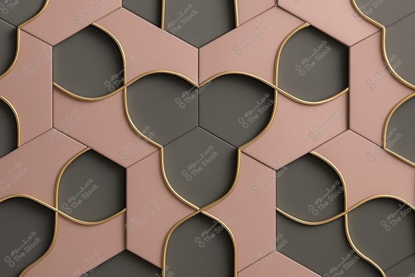 A geometric design featuring interlocking hexagonal tiles in pink and gray colors. The tiles are outlined with wavy gold lines, creating a complex and visually appealing 3D pattern.