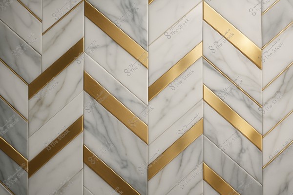 The image shows a pattern composed of white tiles with light gray veining, arranged in a chevron pattern. Each pair of tiles is separated by shiny gold lines, adding a touch of elegance and sophistication to the design.