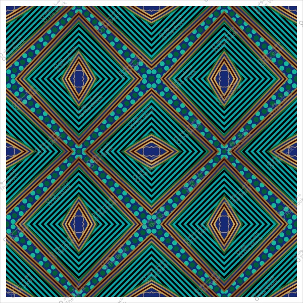 نمط هندسي بألوان زرقاء وبرتقالية, يشكل أشكالاً ماسية مع خطوط متوازية ونقاط دائرية.