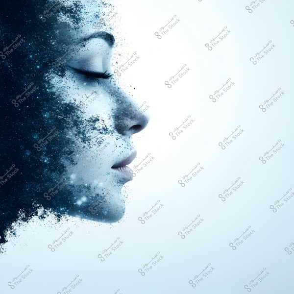 Artistic image of a profile view of a woman whose face appears to dissolve or transform into cosmic dust. The left side of the face blends with a starry dust effect, while the right side is clearly defined. The background is light blue, giving the image a magical and serene appearance.