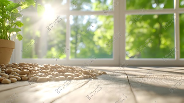 An image showing sunlight streaming through a window, illuminating numerous pebbles on a wooden floor. A green plant in a pot is visible on the left, with its leaves highlighted by the backlight.