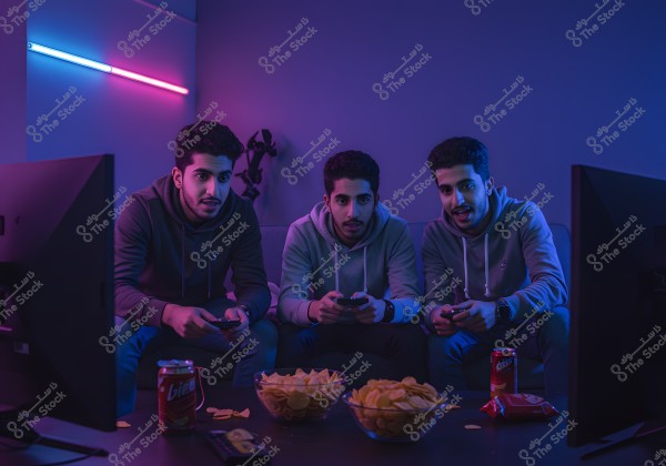 Three young men sitting on a couch in a room lit with blue and pink neon lights. They are wearing dark-colored hoodies and holding video game controllers. In front of them is a table with bowls of potato chips and cans of soda. There are TV screens in front of them.