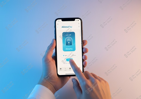 A hand holding a smartphone displaying an app named \"AlimmaPay\". The screen shows a blue design with the app\'s name in English and Arabic. The background lighting transitions between blue and pink, giving a modern and appealing effect.