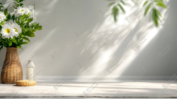 The image shows a wicker vase with large white flowers next to a white candle in a glass holder. Sunlight casts shadows of leaves on the white wall in the background. The light-colored rug is placed on a white floor.