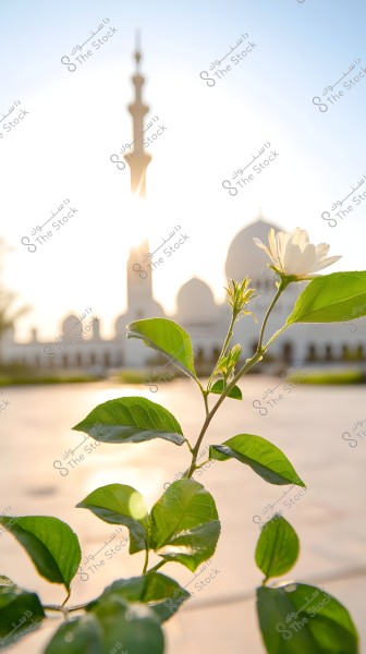 An image featuring a white flower in the foreground with green leaves, while the background shows a large mosque with white domes and a tall minaret under bright sunlight.