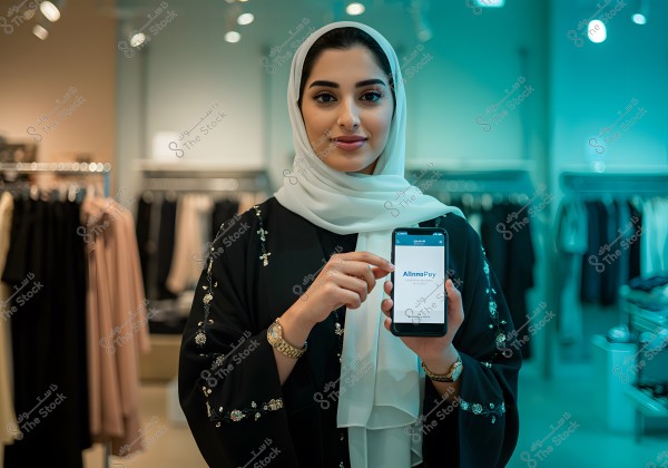 امرأة ترتدي عباءة سوداء مزينة وحجاب أبيض واقفة في متجر ملابس. تحمل هاتفًا محمولاً يعرض تطبيق \"AllInnoPay\". يضيء المتجر بإضاءة ناعمة مع رفوف ملابس في الخلفية.\r\n\r\n###