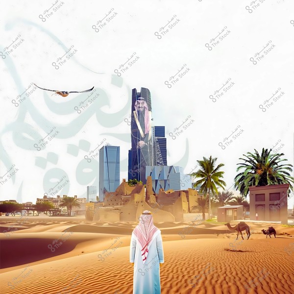 A man wearing a traditional thobe and shemagh stands in the desert facing a scene that blends modern skyscrapers with traditional buildings and palm trees. There are two camels walking on the sand, and a falcon flying in the sky. A large reflection of an image appears on the glass facade of a modern tower, with Arabic script in the background.