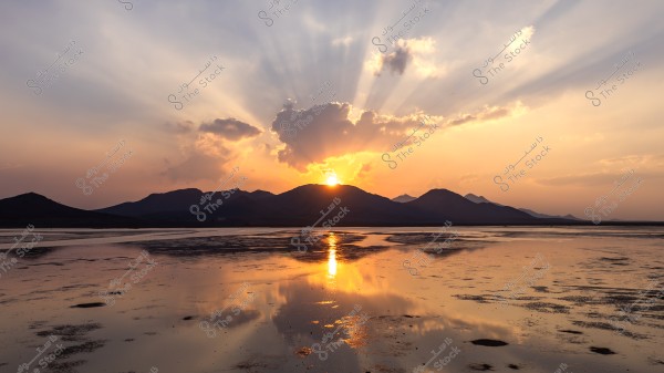 مشهد لغروب الشمس وراء سلسلة من الجبال مع انعكاس ضوء الشمس الذهبي على سطح ماء هادئ. تتناثر بعض السحب في السماء بلون برتقالي دافئ, مما يُضفي جمالًا أخاذًا على المنظر الطبيعي.