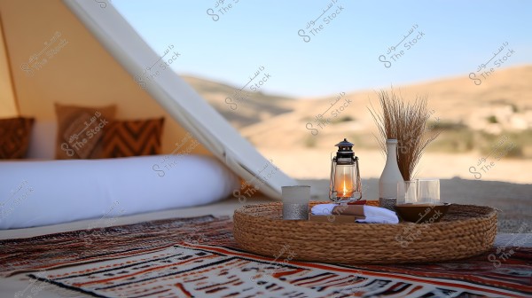 Image of an interior scene of a tent in the desert. The tent features cushions with brown geometric patterns and patterned rugs on the floor. On a table, there is a wicker tray holding lit lanterns, a clear glass, a bottle, and dried plant branches.