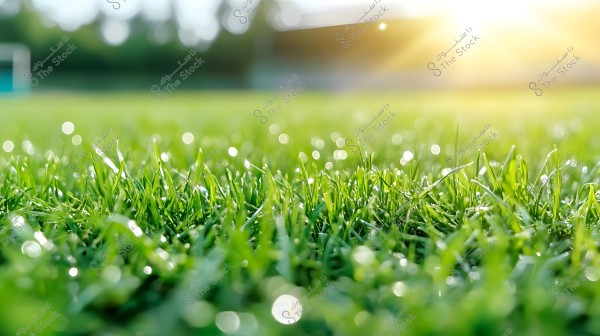 A close-up image of dewy green grass on a field in sunlight. The background is slightly blurred with some light bokeh visible, giving a sense of freshness and nature.