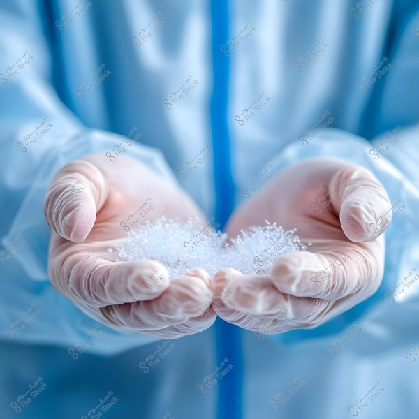 The image shows a person\'s hands wearing transparent medical gloves, holding small clear beads resembling snow. The person is wearing a blue protective suit. The focus of the image is on the hands and the white granular material held between them.